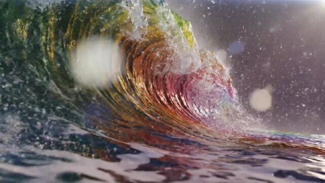 Mesmerizing ocean wave illuminated with vibrant rainbow colors against a soft sunlit backdrop