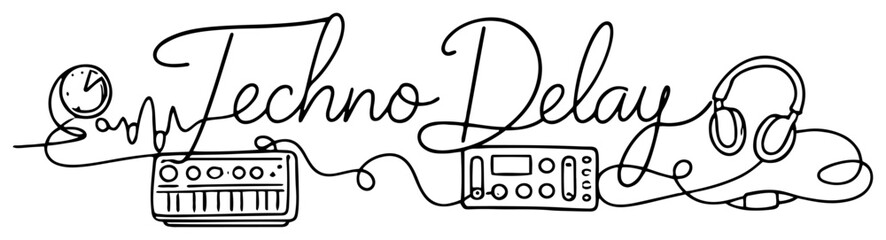 Continuous line art illustration of electronic music equipment and techno delay text