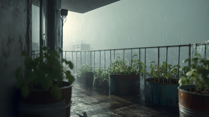 Fototapeta premium Young seedlings on rainy balcony receiving soft light and falling rain, moody urban garden scene