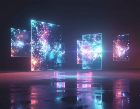 Galactic Display: A mesmerizing display of celestial wonders unfolds on holographic screens, reflecting the radiant glow of cosmic artistry and innovation.