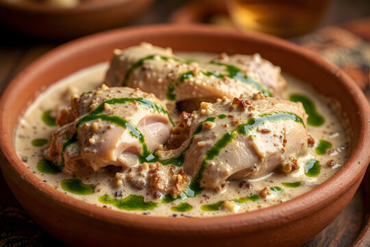Traditional Georgian Shkmeruli: Succulent Chicken in Creamy Garlic Sauce with Herb Oil Drizzle.
