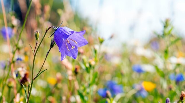 Close up of a blue harebell flower in a wildflower meadow. Campanula rotundifolia blooming in nature. Soft focus background with summer flora