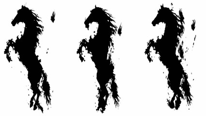 Three black silhouettes of rearing horses in an artistic brushstroke style © Indira