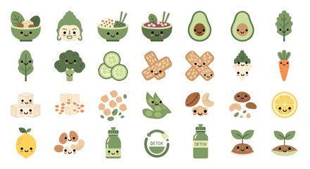 Obraz premium Kawaii Healthy Vegan Food and Detox Lifestyle Vector Icon Set