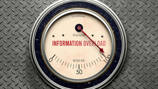 Information Overload that is hitting a full scale, showing a very high level of information overload, overload of it, too much of it. Maximum value, off the charts.  ,3d illustration