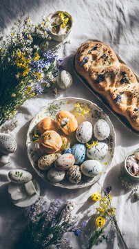 Handmade spring Easter brunch table with artisan pastries, speckled dyed eggs, wildflowers and rustic braided bread creating warm festive scene
