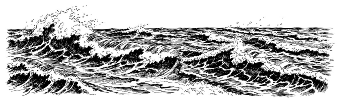 Detailed vintage engraving style illustration of powerful ocean waves on the sea surface