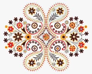 Intricate floral paisley pattern with warm autumnal colors and detailed designs