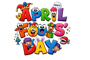 Fototapeta premium Happy april fool's day colorful letters and playful characters celebrating the spirit of fun and mischief plain white background and png