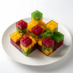 Naklejka premium Colorful Layered Fruit Jelly Dessert Shaped Like Interlocking Toy Bricks on a White Plate
