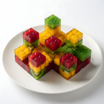 Colorful Layered Fruit Jelly Dessert Shaped Like Interlocking Toy Bricks on a White Plate