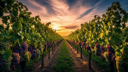 Fototapeta premium Vineyard at sunset with ripe grapes on the vine under a dramatic sky