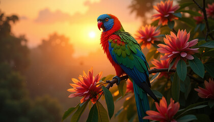 Obraz premium Colorful parrot perched on branch among vibrant flowers at sunset 
