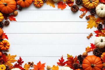 Obraz premium Festive Autumn Scene With Pumpkins and Orange Leaves on White Wood