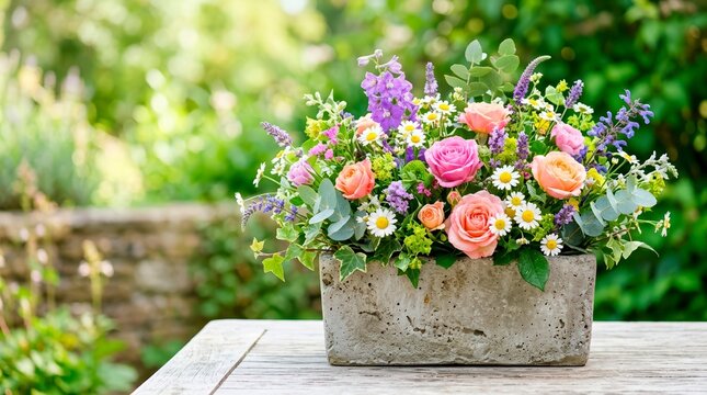 Colorful mixed flowers in a grey concrete planter on a wooden table. Floral arrangement with roses and daisies in an outdoor garden. Home decoration concept