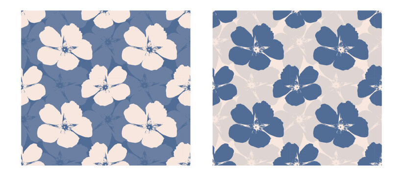 Floral bluel textile pattern set in soft pastel color, blue and beige tones. Imprint flower rose hip.