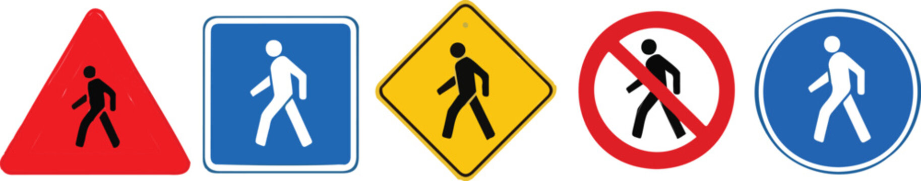 Various international pedestrian traffic signs collection, including warning, mandatory, and prohibitive symbols for road safety guidanc