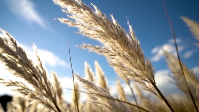 Golden feathery grass sways gently in the breeze under a bright blue sky.