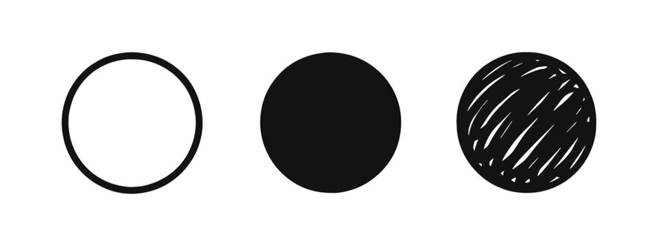 Basic circle icon set in outline, solid, and hand-drawn styles. Geometric shape and universal symbol.
