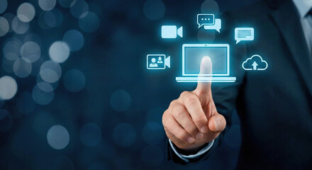 Obraz premium Advanced digital communication and video conferencing concept with glowing laptop icon.