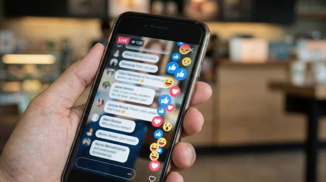 Hand holding smartphone streaming live social media content
