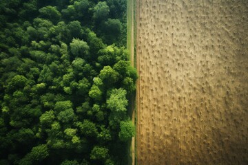Aerial view presenting a stark contrast between a lush green forest and deforested area