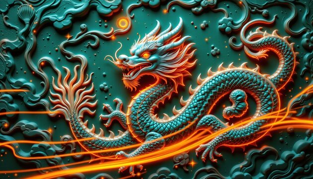 A striking bas relief of a majestic Chinese dragon, intricately carved with flowing scales and swirling tendrils