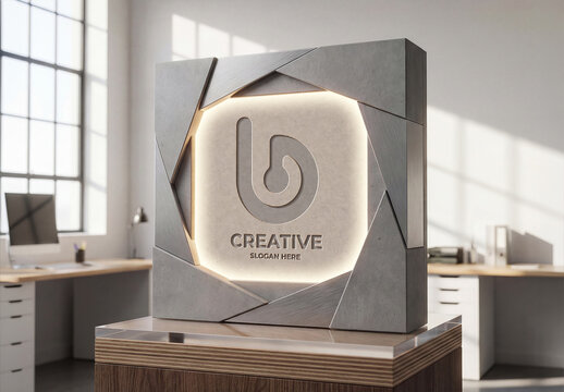Modern Glowing Display Stand Logo Mockup on Desktop