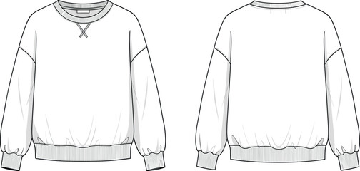 Oversized Crewneck Sweatshirt Technical Flat Sketch Vector Template with Drop Shoulder Long Sleeves Ribbed Trims Front and Back View CAD © DALIARA 