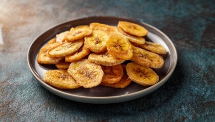Naklejka premium Delicious Crunchy Fried Banana Chips Snack Golden Brown Slices Healthy Sweet Treat