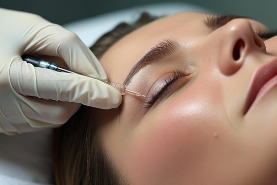 Professional hand performing cosmetic microblading procedure on woman
