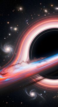 A vibrant accretion disk swirls around a powerful supermassive black hole, illuminating the cosmic darkness with breathtaking energy and light amidst distant galaxies in space