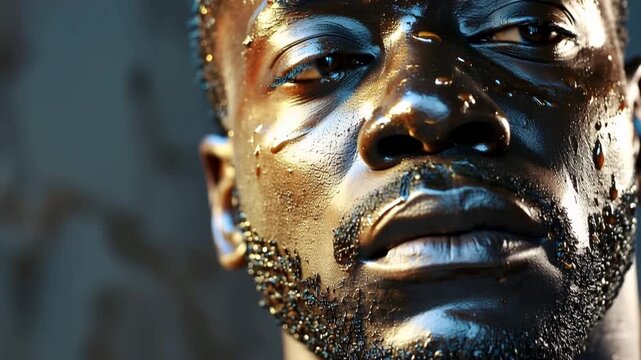 A man is shown in a dim room with soft light. His face displays varied emotions as he has different expressions. Close-ups highlight details and reflections on his skin.