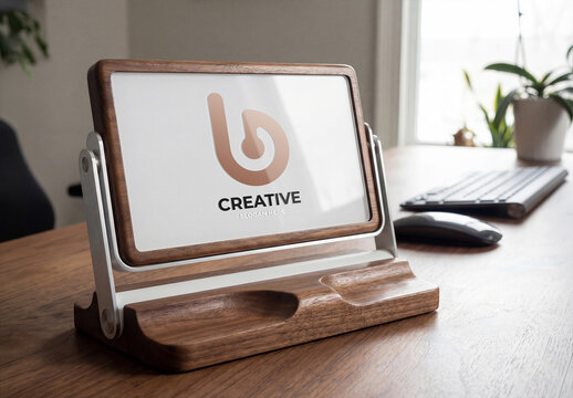 Modern Wooden Tablet on a Desktop Logo Mockup