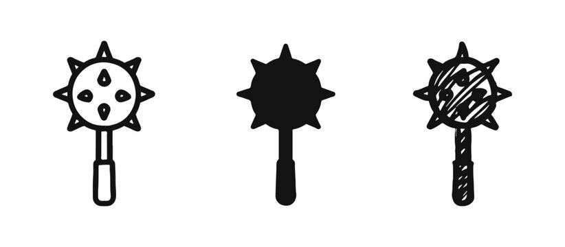 Morning Star flail weapon icon set in outline, solid, and doodle styles, great for medieval combat or fantasy.
