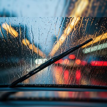 A moving car's windshield wiper blade clears heavy rain, creating streaks and contrast between the wet glass and the clean path, wet, wiper, storm