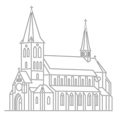 Fototapeta premium Black line of a church with two spires and crosses architecture building line black and white