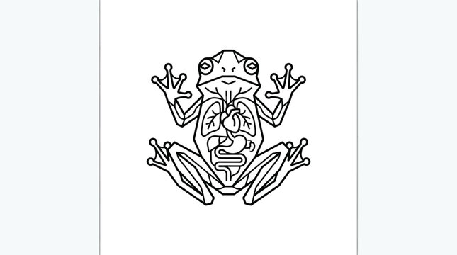Illustration of a frog's internal anatomy, showing organs like lungs, stomach, and intestines, in a clear line drawing style.