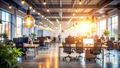 Wide cinematic shot of a modern open-plan office filled with workers at computer desks, warm hanging lights and glass walls, soft bokeh blur, industrial interior, busy tech workspace atmosphere.