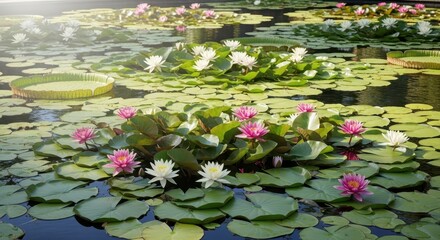 A wide view of a peaceful botanical garden pond covered in large, green lily pads and beautiful blooming water lilies under soft sunlight, garden, surface, botany