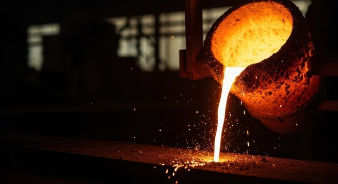 Close up of glowing, bright molten metal being poured from a ladle or crucible in a dark industrial environment, iron, pouring, melting
