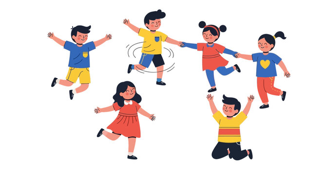 Children playing together in a joyful scene with energetic movements and happy expressions
