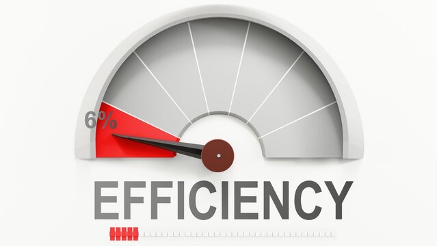 Efficiency meter showing low values of efficiency. Falling numbers, Diminishing to minimum, reaching zero, below the norm. Lack of efficiency. No AI, made by humans for humans. ,3d illustration