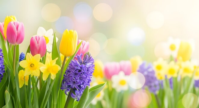 Colorful tulips and daffodils in a vibrant spring garden with soft bokeh background