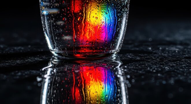 Macro shot showing brilliant light refracting through clear, wet glass, creating vibrant caustic patterns and reflections on a dark surface, macro, artistic, water