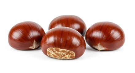 Obraz premium Several highly detailed, glossy brown chestnuts, recently harvested, are arranged and isolated on a pure white seamless studio background, fall, clean, white background