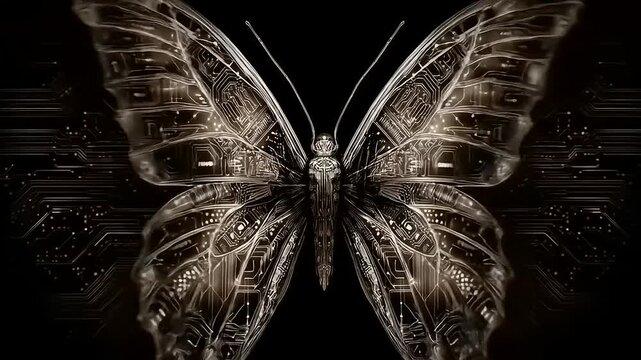 Butterfly with circuit board wings macro.