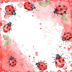 Obraz premium Watercolor ladybug insect frame border red spot nature leaf spring white background pattern cute decorative card illustration art paint splash splatter watercolor wash corner copyspace design