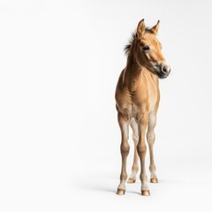 Obraz premium A charming young horse, a small foal standing gracefully in a pristine white studio environment. Emphasizes youth and blank space, white, elegant, youth
