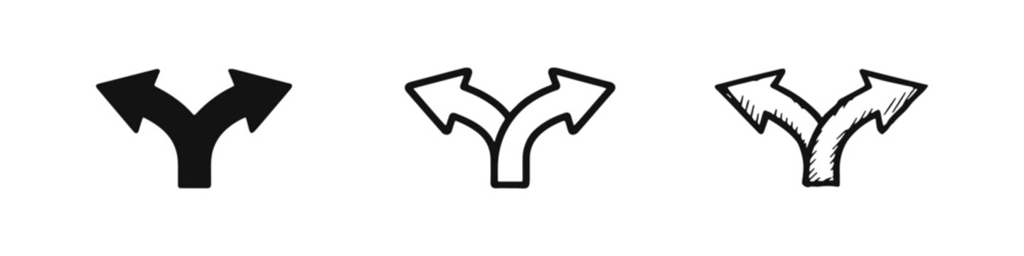 Two-way split arrow icon set in solid, outline, and hand-drawn doodle style, representing choice and divergence.